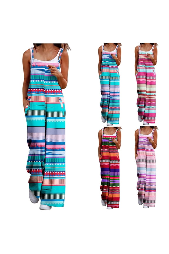 Women Print Adjustable Strap Loose Wide Leg Jumpsuit Jumpsuit