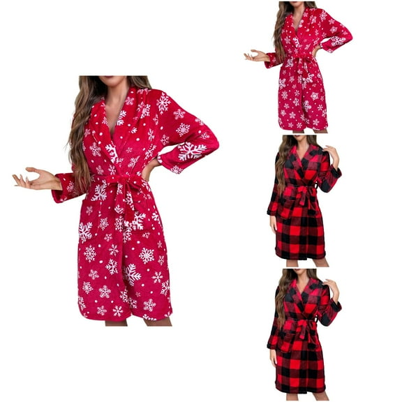 Antinious Women Print Flannel Knee Length Robe Long Sleeve Warm Absorbent Bathrobe Home Wear,Robes for Women,Women Pajamas Bathrobes,Red,M