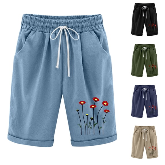 Antinious Women Print Pocket Half Shorts Pants with Drawstring Waist
