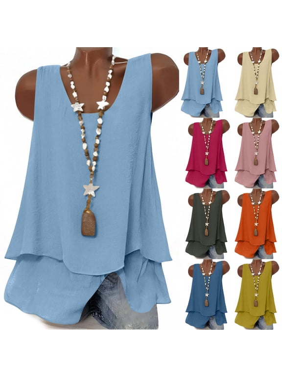 Women Sleeveless Solid Camisole Double Front Layer Casual Tank Tops