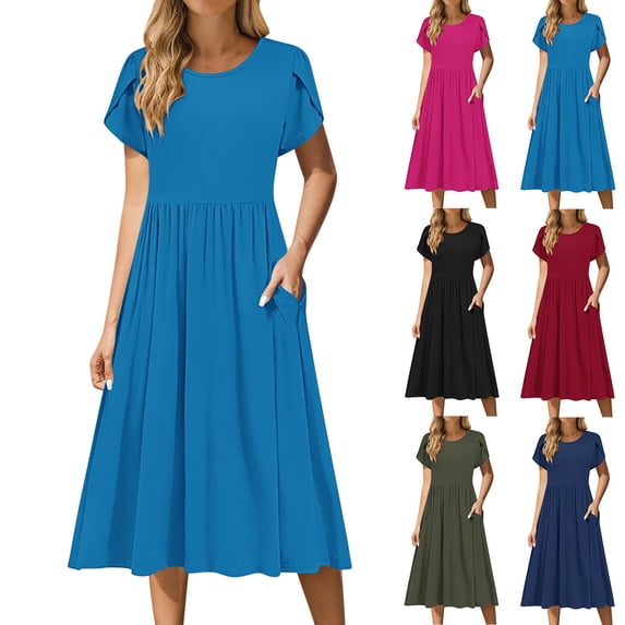 Antinious Women Solid Round Neck Short Sleeve A-Line Casual Beach Dress