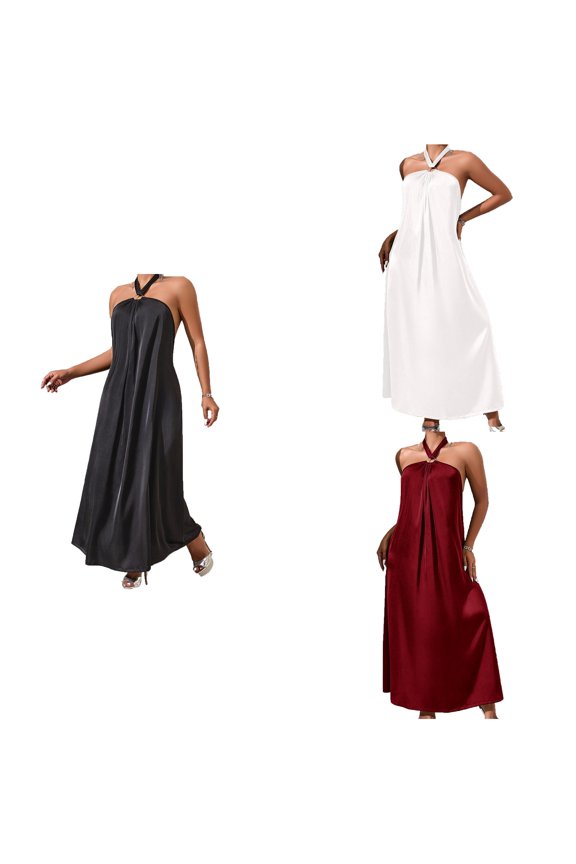 Women Solid Backless Satin Summer V-Neck Home Dress Mid Calf Nightgowns