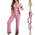 thumbnail image 1 of Antinious Women Solid Outfits Short Sleeve Pajama Tops with Long Pants Sleepwear,Holiday!Pajamas for Women Set,Ladies Sleepwear Outfits,Beige,L, 1 of 5