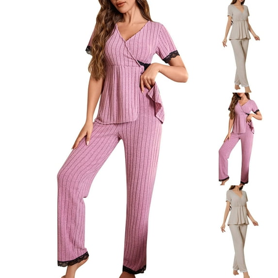 Antinious Women Solid Outfits Short Sleeve Pajama Tops with Long Pants Sleepwear,Holiday!Pajamas for Women Set,Ladies Sleepwear Outfits,Beige,L