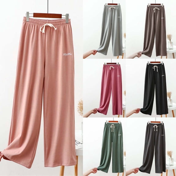 Antinious Women Solid Casual Letter Print Wide Leg Home Pants with Pockets,Winter Pants for Women,Pajama Pants Women,Pink,M