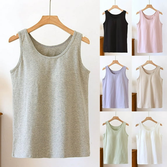 Antinious Women Solid Crew Neck Wide Strap Sleeveless Tank Top With Removable Pads,Holiday!Sleep Shirts for Women,Women Tops Casual,Beige,M
