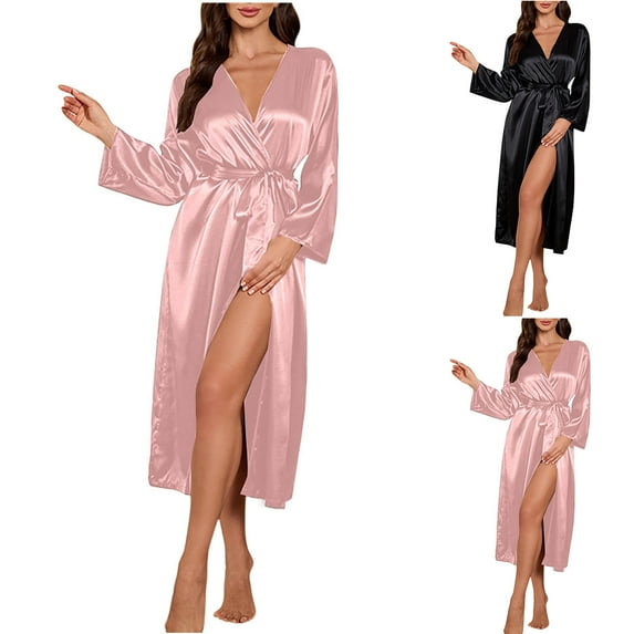 Antinious Women Solid Faux Silk Long Robe Soft Sleepwear Robe for Home,Winter Robes for Women,Women Pajamas Bathrobes,Pink,L