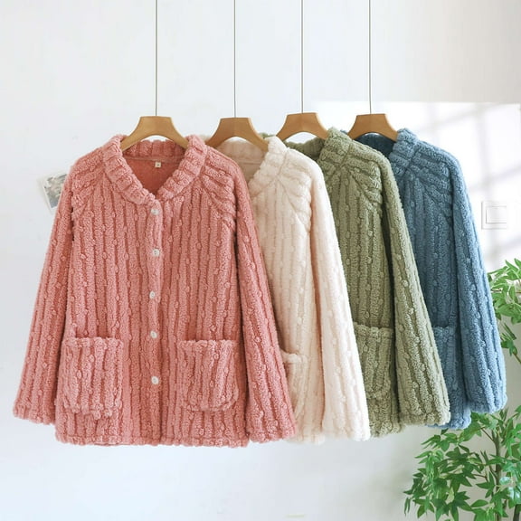 Antinious Women Solid Flannel Button Down Long Sleeve Open Thickened Warm Homewear Tops,Sleep Shirts for Women,Women Tops,Beige,L