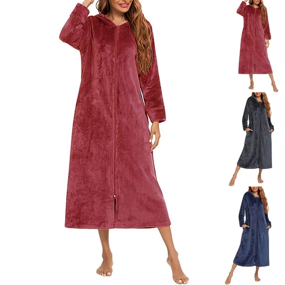 Antinious Women Solid Flannel Zip-Up Hooded Long Sleeve Knit Robe,Robes for Women,Women Pajamas Bathrobes,Gray,XL