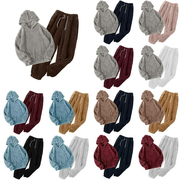 Antinious Women Solid Fleece Hooded Outfits Home Wear,Pajamas for Women Set,Ladies Sleepwear Outfits,Navy,XXL