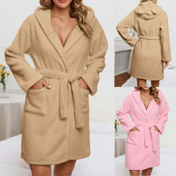Antinious Women Solid Fleece Thick Hooded Belted Short Knit Robe with Pockets,Robes for Women,Women Pajamas Bathrobes,Khaki,S
