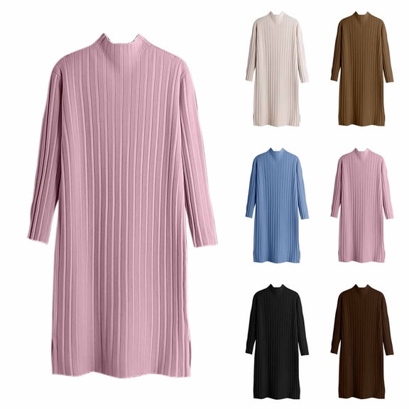 Antinious Women Solid Half High Neck Split Knit Dress Thickened and Loose Long Sleeve Midi Sweater Dress,Winter Dresses for Women,Long Sleeve Party Dress for Women,Beige,Free Size