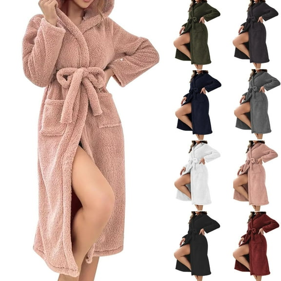 Antinious Women Solid Hooded Fleece Belted Mid-Length Knit Robe with Pockets,Robes for Women,Women Pajamas Bathrobes,Pink,L