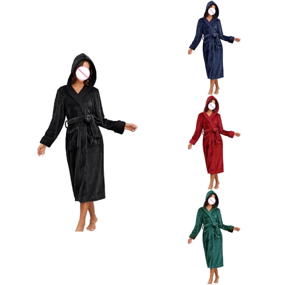 Antinious Women Solid Hooded Robe Thick Flannel Long Knit Wrap Robe with Belt,Robes for Women,Women Pajamas Bathrobes,Navy,XL