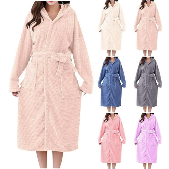 Antinious Women Solid Knit Lightweight Long Sleeve Casual Hooded Long Robe with Belt Absorbent Bathrobe,Robes for Women,Women Pajamas Bathrobes,Khaki,Free Size