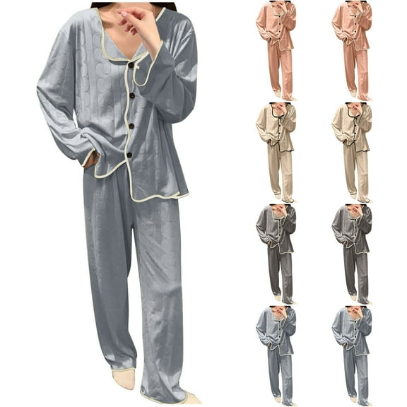 Antinious Women Solid Long Sleeve Pajamas with Pockets Home Wear,Pajamas for Women Set,Ladies Sleepwear Outfits,Blue,XL