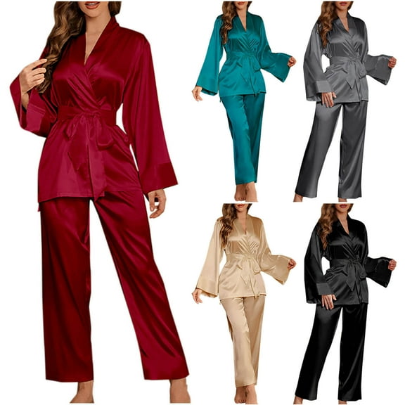 Antinious Women Solid Long Sleeve Faux Silk Robe High Waist Pajama Pants Home Wear Set,Pajamas for Women Set,Ladies Sleepwear Outfits,Khaki,XL