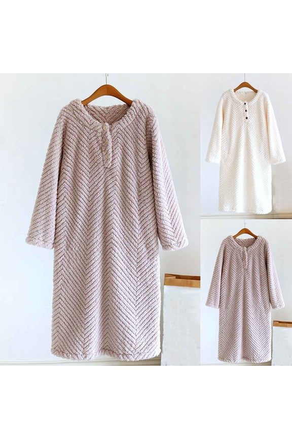 Women Solid Crew Neck Button-Down Robe Long Sleeve Sleepwear Knit Robe,Robes for Women,Women Pajamas Bathrobes,Beige,M