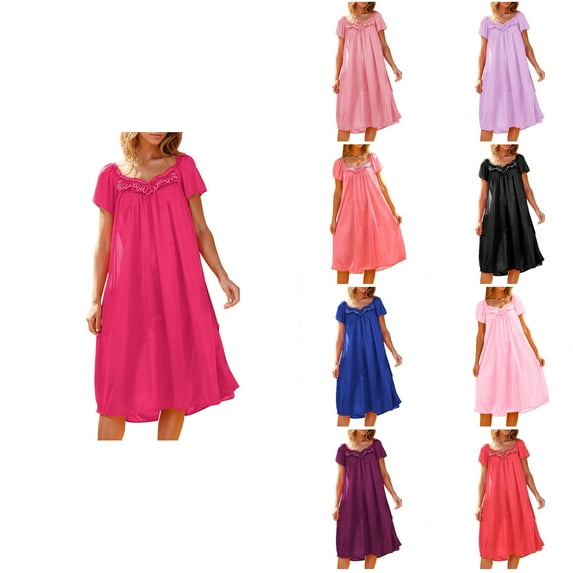 Antinious Women Solid Short Sleeved Loose Ice Silk Home Wear Mid Calf Nightgown,Holiday!Nightgowns for Women,Women Pajama Dress,Pink,Free Size