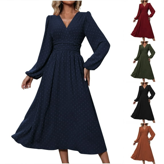 Antinious Women Solid Color V Neck Long Sleeve Lantern Sleeve Knit Dress with Pom Poms Pleated Waist Banquet Long Dress,Fall Winter Savings!Birthday Dresses for Women,Women Party Dress,Orange,XL