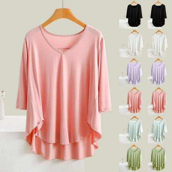 Antinious Women Solid V-Neck Long Sleeve Pajama Top Sleep Shirt,Sleep Shirts for Women,Women Tops,Black,L