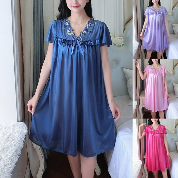 Antinious Women Solid V-Neck Short Sleeve Sleepdress Nightdress,Holiday!Nightgowns for Women,Women Pajama Dress,Purple,Free Size
