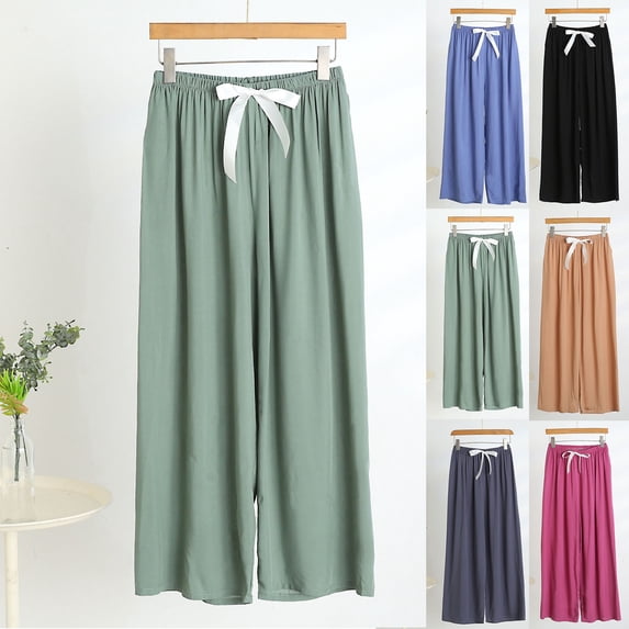 Antinious Women Solid Cotton High Waist Drawstring Outer Pockets Wide Leg Pajama Full Length Pants