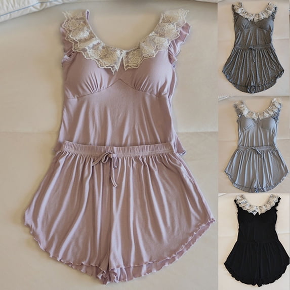 Antinious Women Solid Round Neck Sleeveless Lace Night Shirts Shorts Loose Soft Versatile Pajamas Set