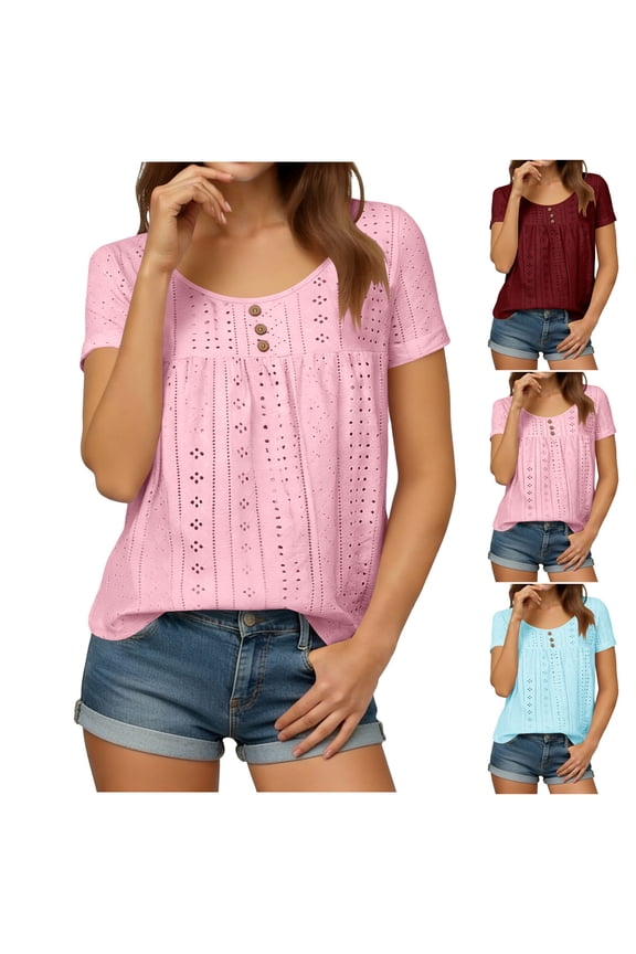 Women Solid Crewneck Short Sleeve Ruched Curved Hem Loose Tops