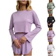 thumbnail image 1 of Antinious Women Solid Decorative Round Neck Long Sleeve Sleep Shorts Loose 2 Piece Pajama Set, 1 of 5