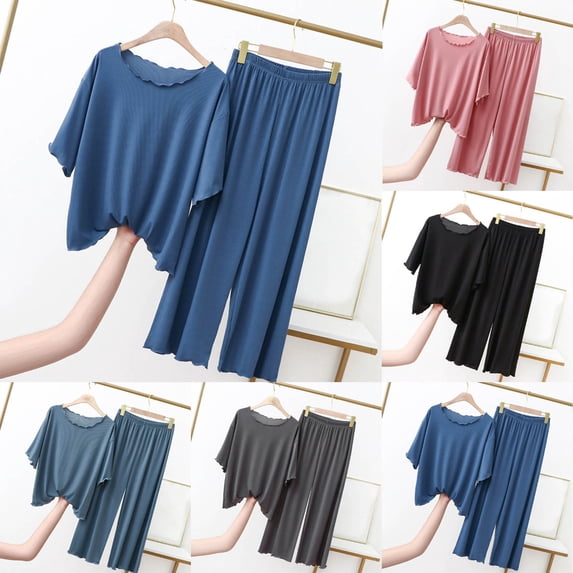 Antinious Women Tank Short Sleeve Solid Ice Silk Ruffle Comfortable Pajamas Set Pants Summer Home Wear