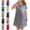 thumbnail image 1 of Antinious Women Button Down Knee High Nightgowns Trendy Short Sleeve Satin V-Neck Solid Sleep Dress, 1 of 4