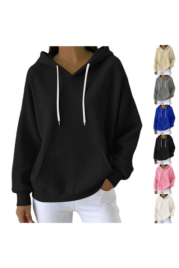 Women Solid Loose Knit Drawstring Round Neck Long Sleeve Fall Casual Tops