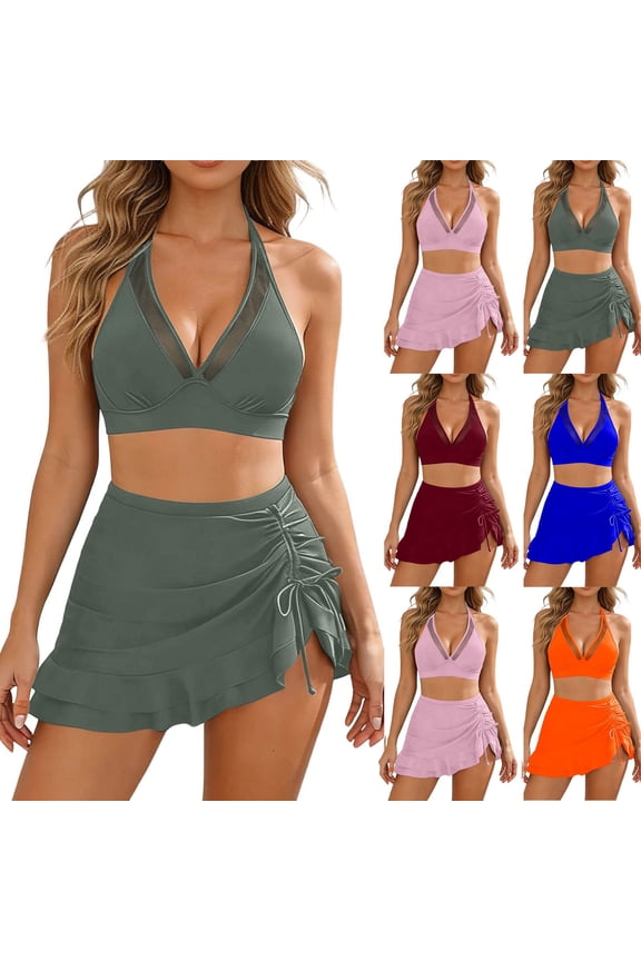 Women Solid Mesh Splice Drawstring Skirt Bikinis Set Comfortable Loose Beach Swim Wear