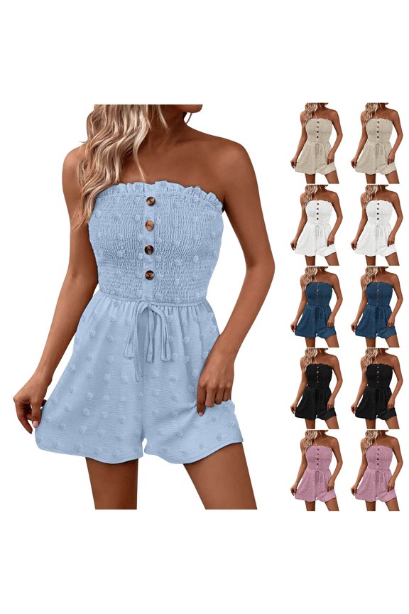 Women Solid Off Shoulder Sleeveless Soft Slim Short Jumpsuit with Button