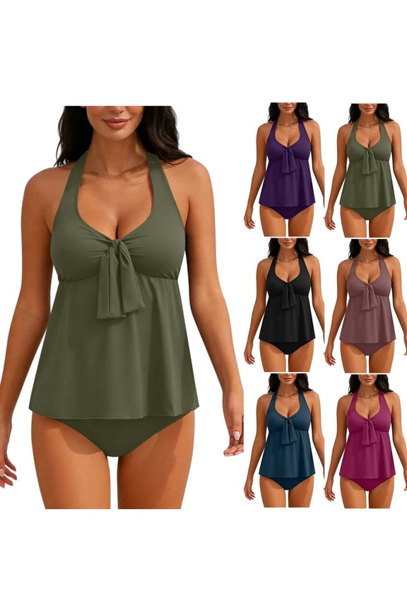 Women Solid Padded Modest Tankini No Steel Backless Split Bikinis Set
