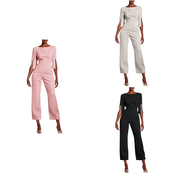 Antinious Women Solid Round Neck Short Sleeve Jumpsuit Summer with Loose Casual Style