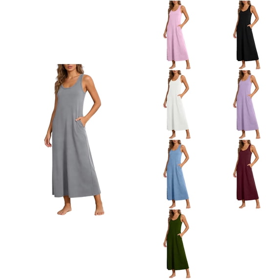 Antinious Women Solid Round Neck Sleeveless Pocket Summer Ankle Length Maxi Dress