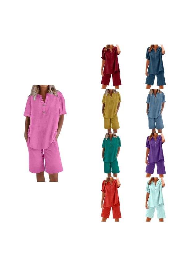 Women Solid Short Sleeve V-Neck Button Shirts Drawstring Shorts Summer Loose Soft Plus Size Pajamas Set