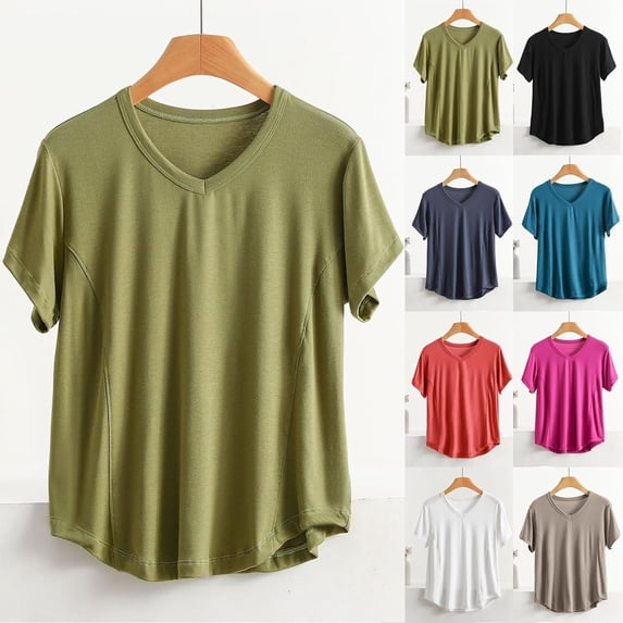 Antinious Women Solid Short Sleeve V-Neck Casual Plus Size Pajama Tops