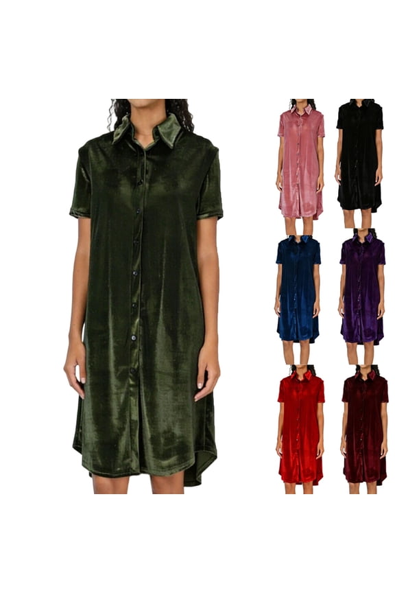 Women Solid Short Sleeve Velvet Shirt Dress Loose Trendy Comfy Summer Casual Daily Dress