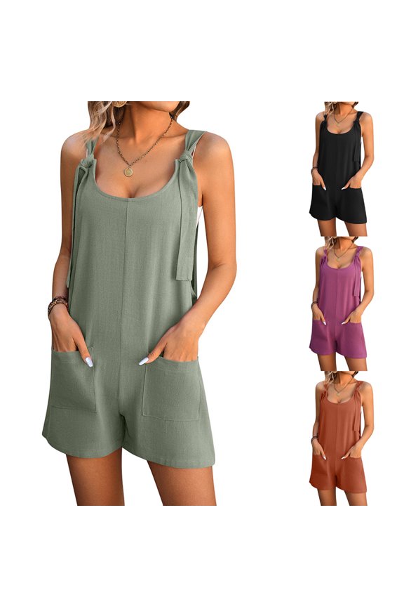 Women Solid Sleeveless Short Length Suspender Half Shorts Jumpsuit