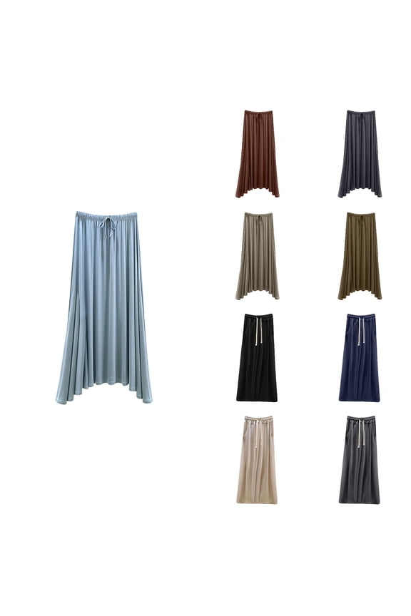 Women Solid Soft Basic A-line Long Skirt Pockets Drawstring Sleepdress