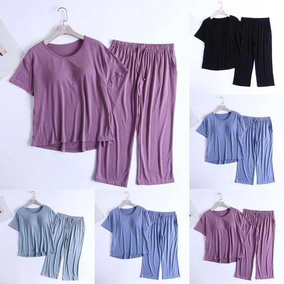 Antinious Women Solid Soft Built In Bra Short Sleeve Loose 2 Piece Pajama Set