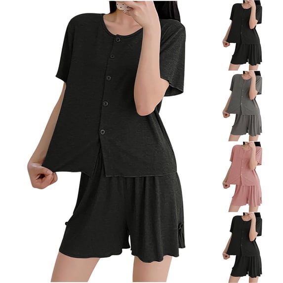 Antinious Women Solid Soft Round Neck Short Sleeve Cardigan Loose Princess Style 2 Piece Pajama Set