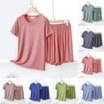 thumbnail image 1 of Antinious Women Solid Soft Round Neck Short Sleeve Ruffle Sleep Shorts Loose 2 Piece Pajama Set, 1 of 5