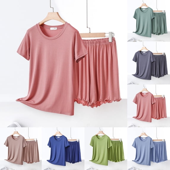 Antinious Women Solid Soft Round Neck Short Sleeve Ruffle Sleep Shorts Loose 2 Piece Pajama Set