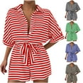 thumbnail image 1 of Antinious Women Stripe Lapel Button Mid Sleeve Belt Short Jumpsuit Summer with Soft Fabric, 1 of 4