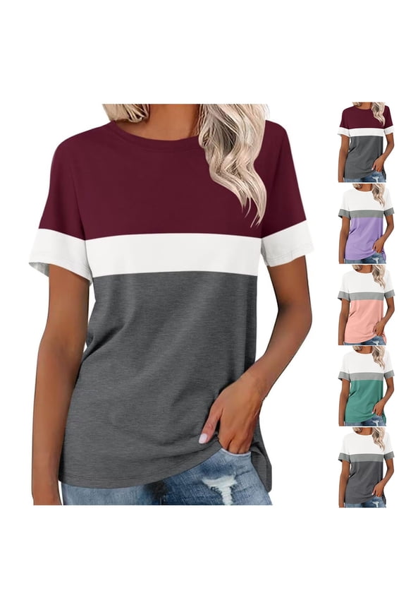 Women Stripe Print Crewneck Short Sleeve Casual Trendy T-Shirts