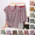 thumbnail image 1 of Antinious Women Stripe Print Round Neck Sleeveless Short Pants With Pockets Loose 2 Piece Casual Sleepwear,Summer Savings Holiday!Pajamas for Women Set,Women's Sleepwear Outfits,Army Green,XL, 1 of 3